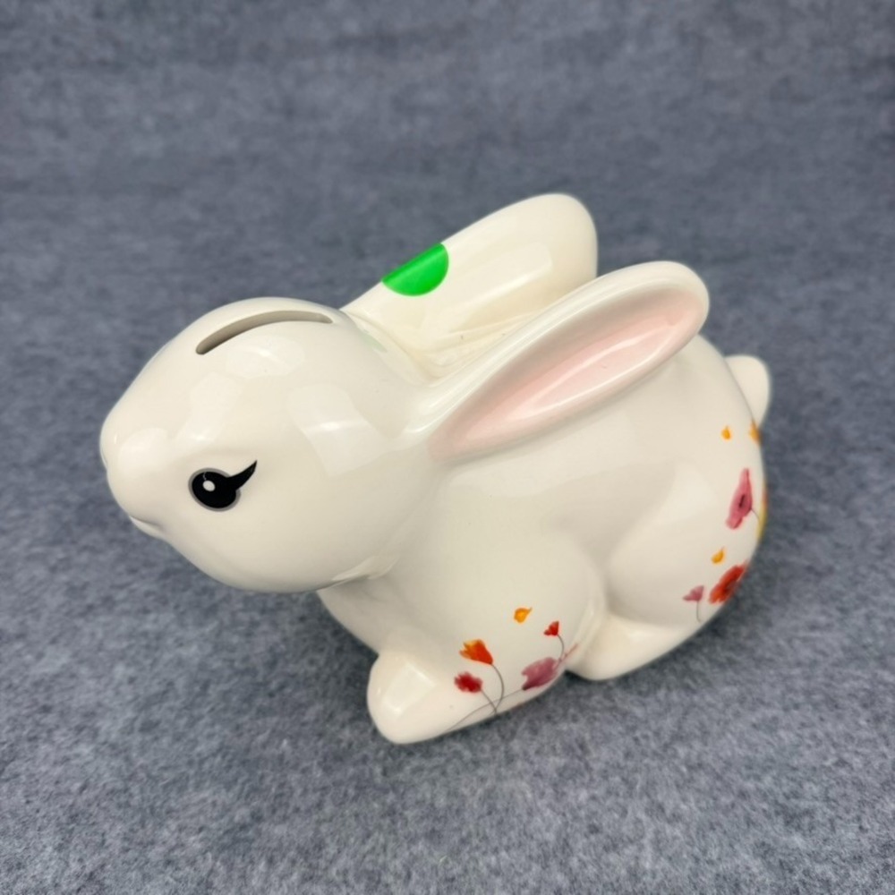 Wells Fargo Ceramic Bunny Rabbit Piggy Bank Floral Design White 7” Coin Bank